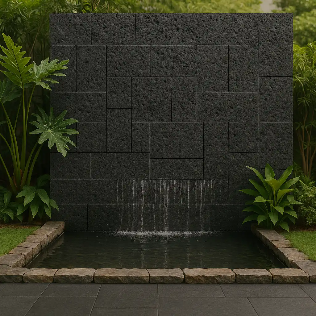 Taman dan kolam landscape dengan lava stone hitam