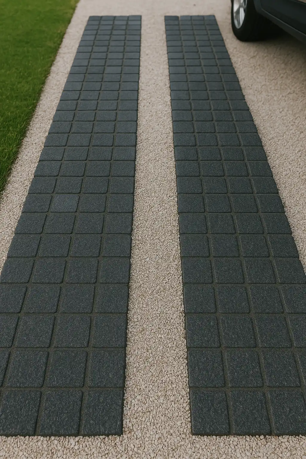 Jalur ban batu andesit cobblestone untuk area parkir