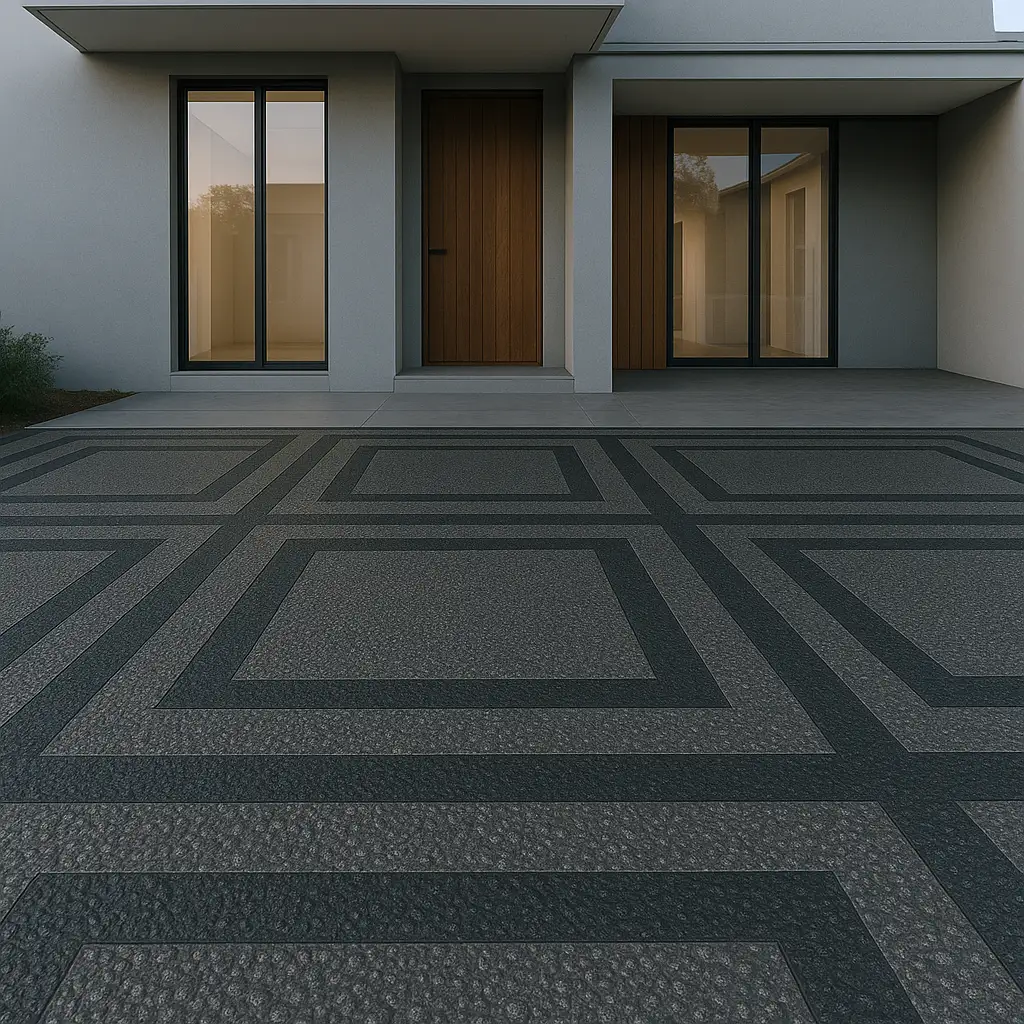 Carport depan rumah dengan batu sikat motif dan jalur ban batu andesit