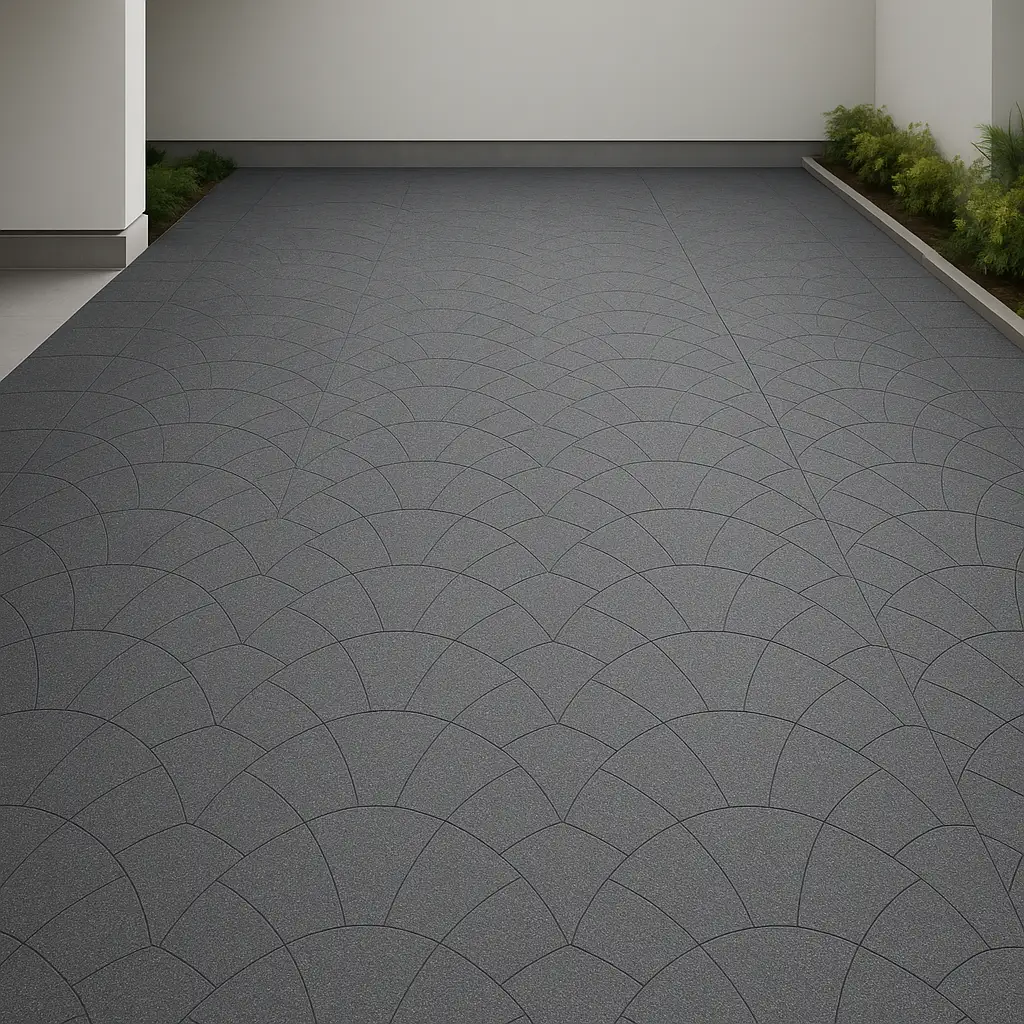 Lantai carport batu sikat dan batu andesit anti licin terpasang di rumah modern