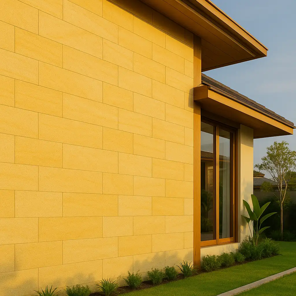 Dinding fasad rumah dengan wall cladding batu palimanan