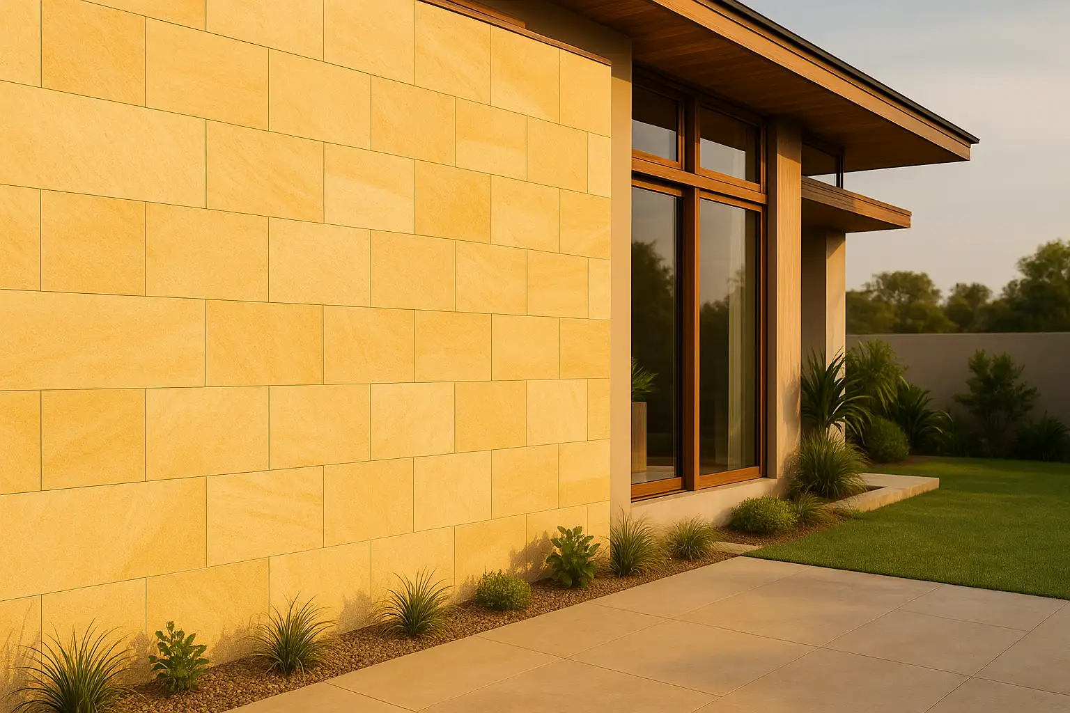 Batu Palimanan Yellow Sandstone terpasang pada dinding fasad rumah modern